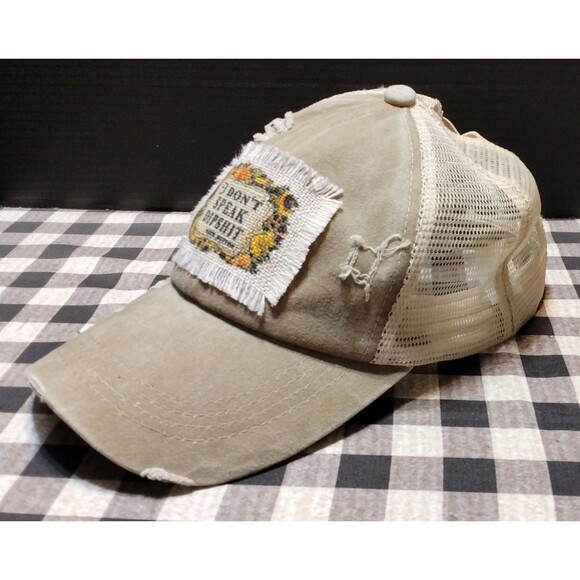 Distressed I Don't Speak Dipshit Beth Dutton Mesh Ponytail Cap Trucker Hat Khaki - Picture 9 of 16